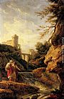Famous Town Paintings - Two female peasants by a waterfall, a town and aqueduct beyond